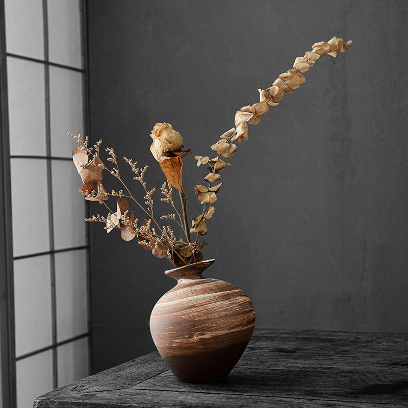 日式粗陶圆满花器 陶瓷小花插插花干花鲜花水培器皿茶桌装饰摆件