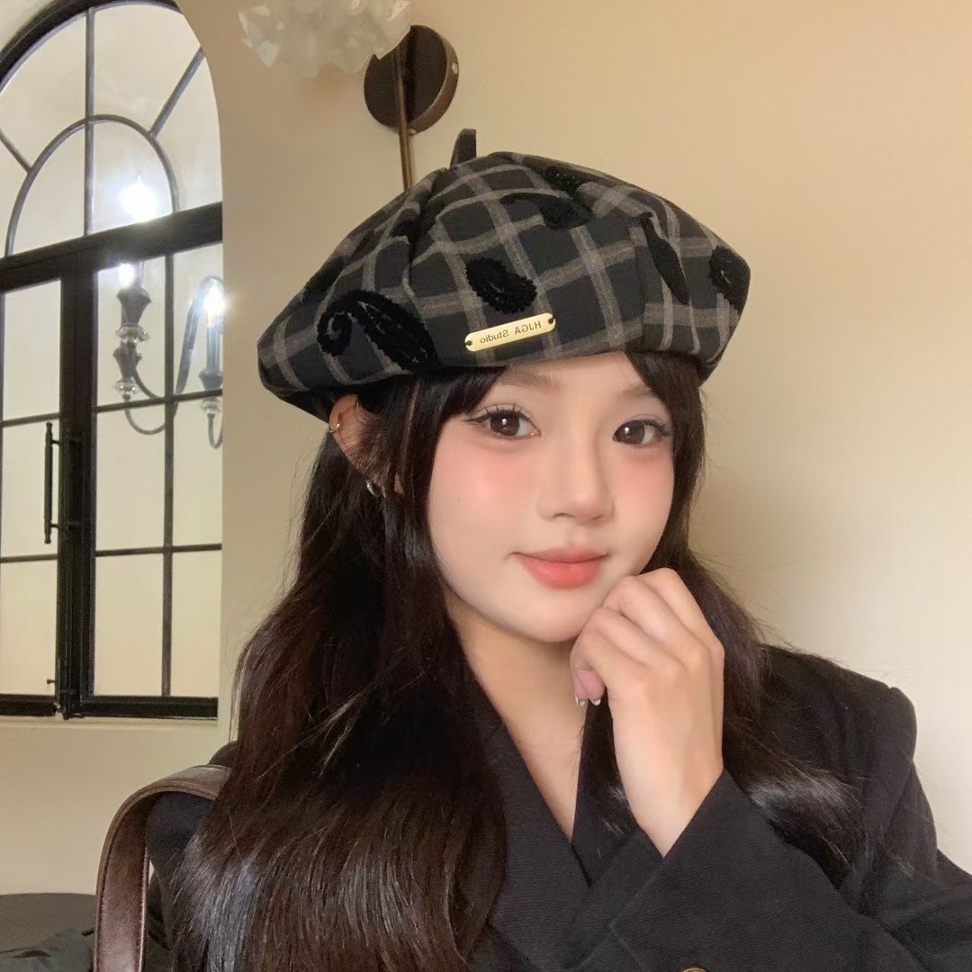 韩国2025年早秋新款百搭格纹贝雷帽女甜美大头围显脸小画家帽