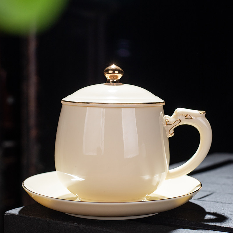 羊脂玉陶瓷杯子男女士办公室泡茶杯带盖水杯马克杯咖啡杯个人家用