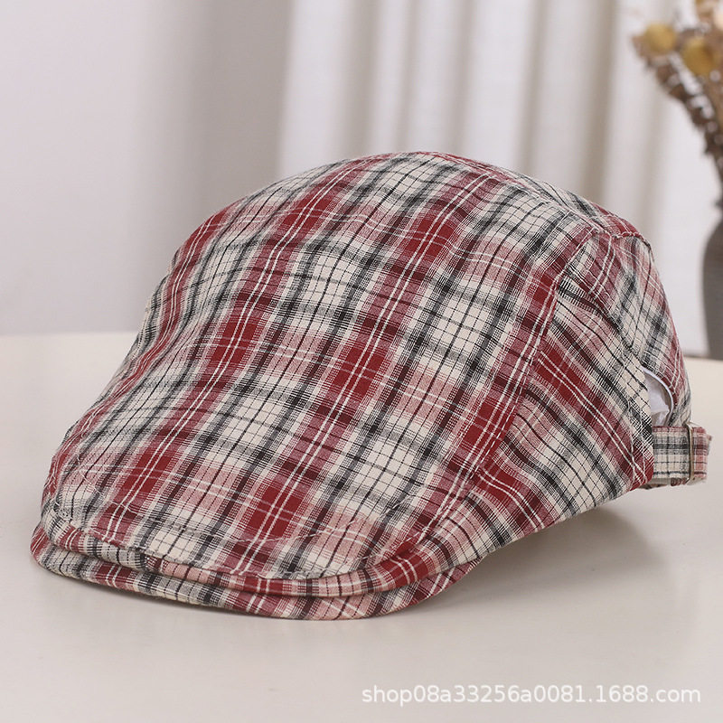 日系复古格子前进帽女春秋季文艺画家帽休闲百搭反戴鸭舌报童帽潮