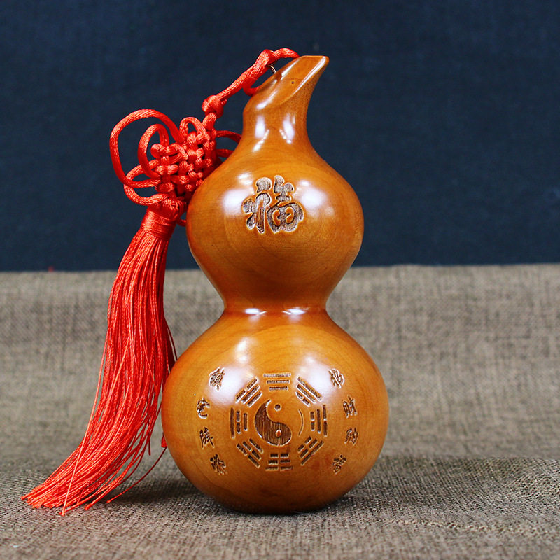 纯桃木葫芦摆件 木雕福字八卦挂件 实木实心家居客厅工艺品