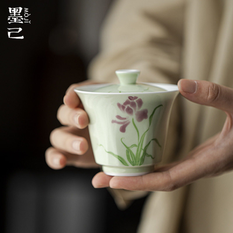 墨己 手绘紫罗兰陶瓷盖碗 功夫茶具泡茶碗 文人家用盖碗 薄胎茶碗