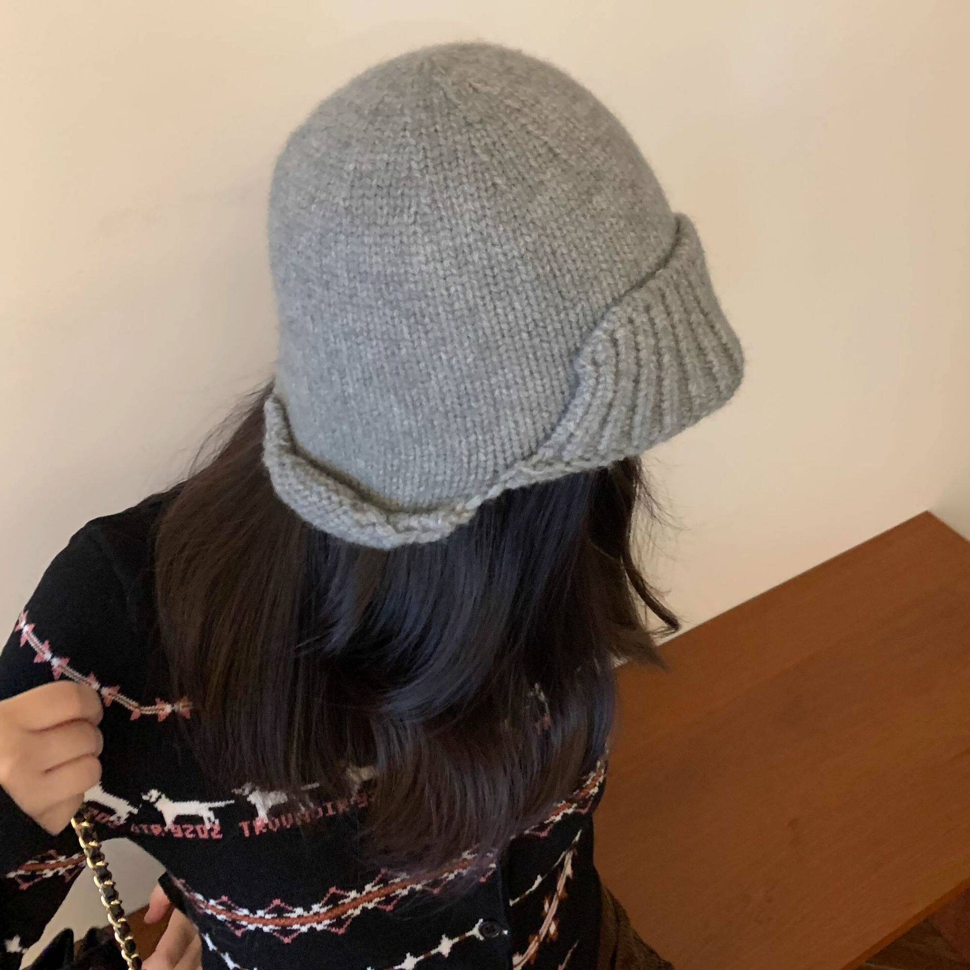 小众不规则针织渔夫帽女秋冬日系复古纯色卷边可爱文艺显脸小盆帽