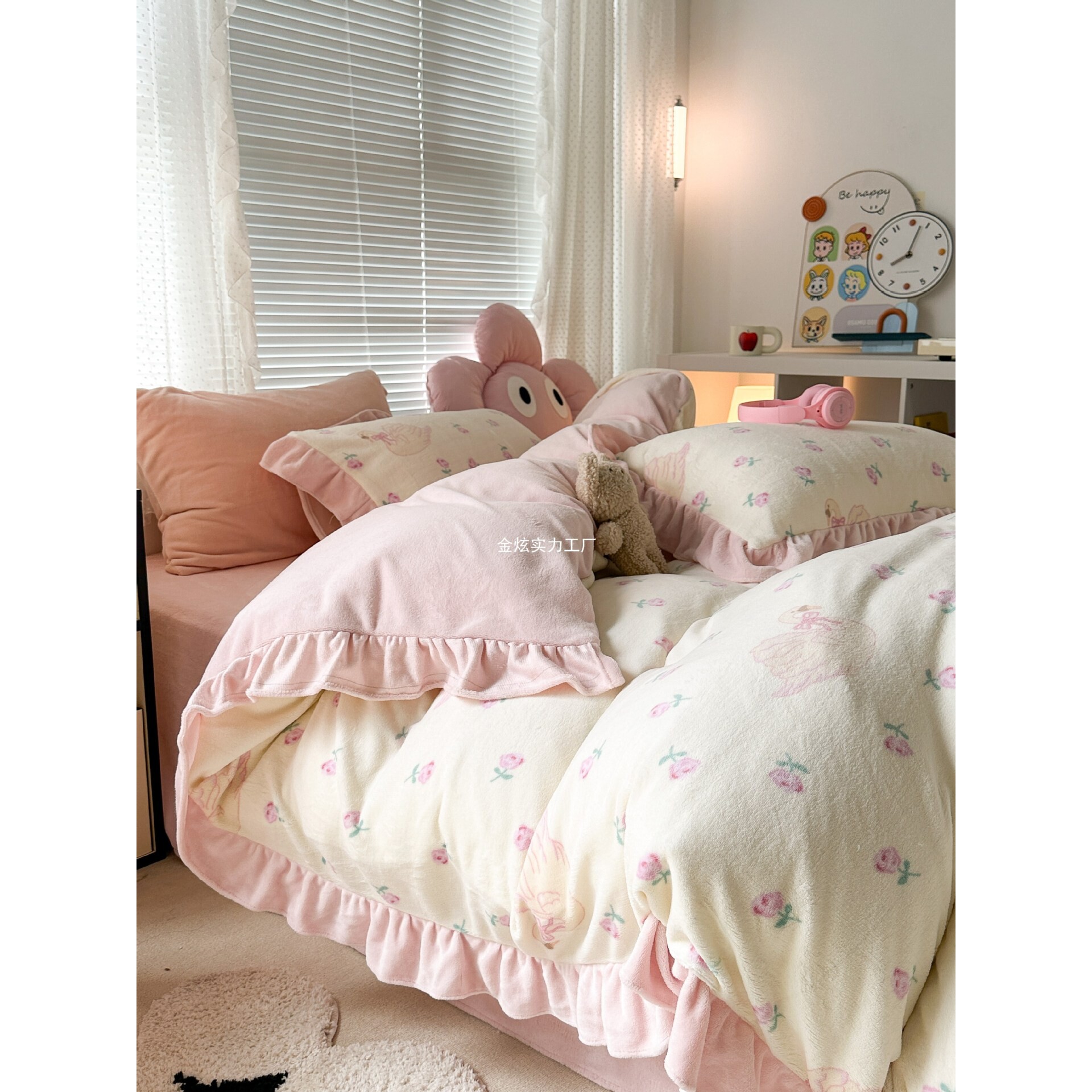 绒牛奶花边被套秋冬床单珊瑚绒床上三件套绒面冬季毛绒四件套加绒