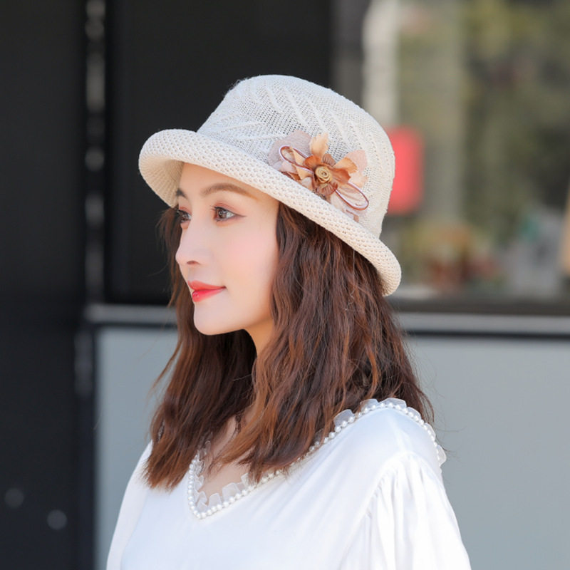 2021季新款英伦遮阳草帽女时尚优雅女款花朵礼帽渔夫帽妈妈盆帽