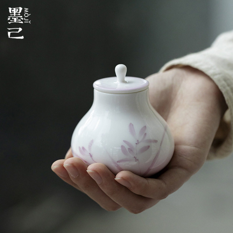 墨己陶瓷迷你茶叶罐功夫茶具手绘兰花渐变紫粉小罐子储物罐密封