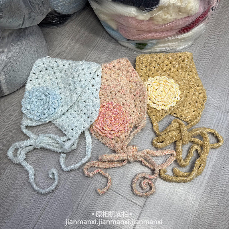森系小众手工钩针复古杂色立体玫瑰花绑带包头发带秋冬氛围感拍照
