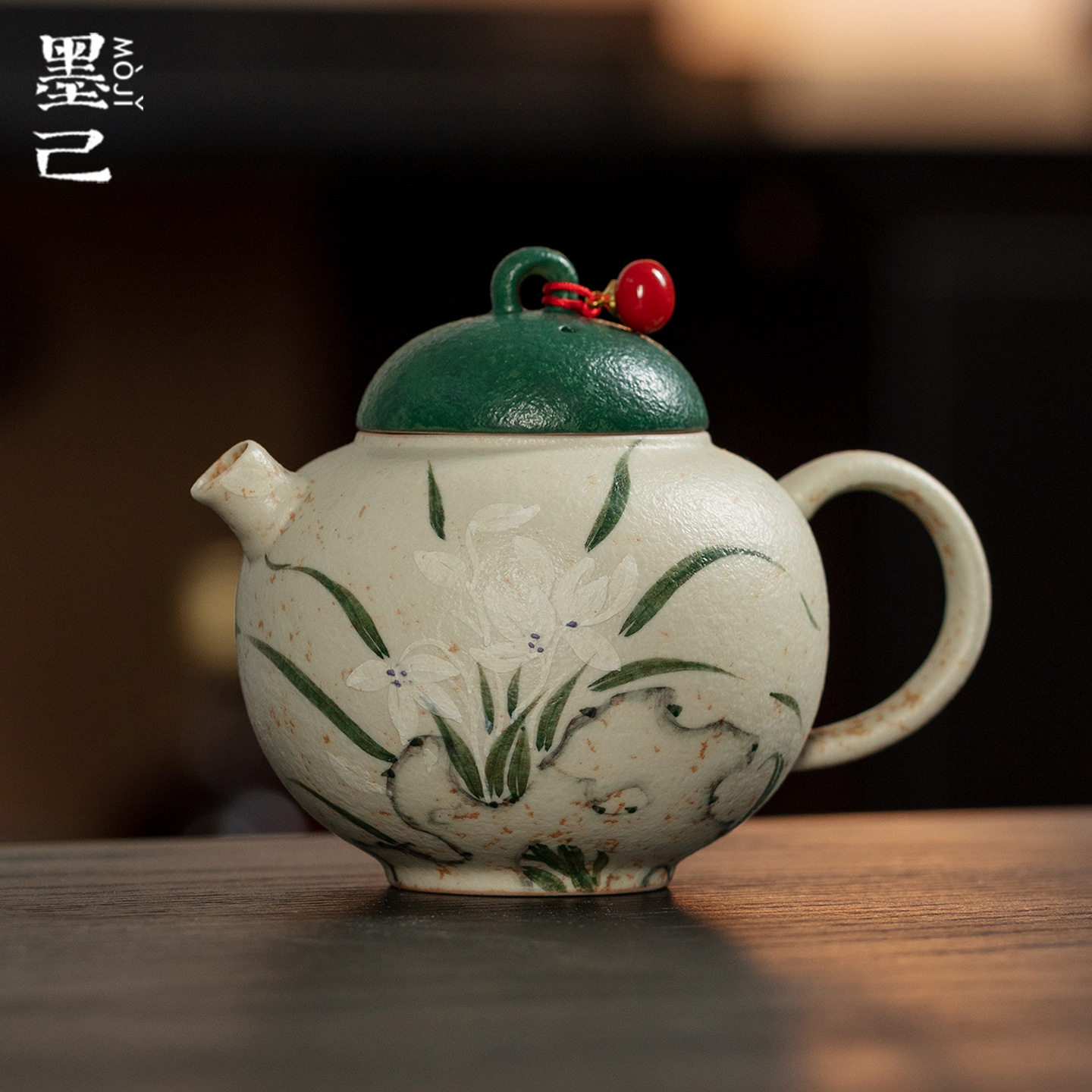 墨己火石红仿古手绘兰花陶瓷茶壶功夫茶具家用茶壶球孔过滤手执壶