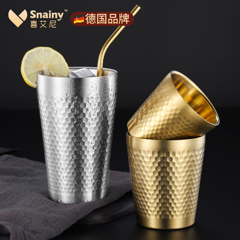 不锈钢水杯双层锤纹加厚杯子家用随水杯酒杯防摔儿童口杯