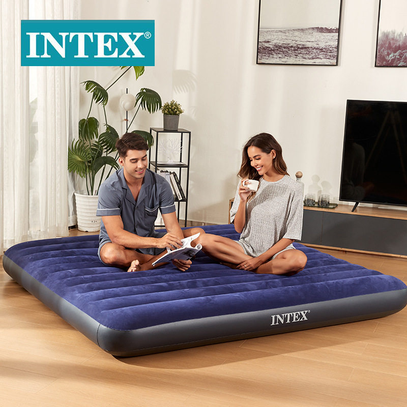 intex 64755 深蓝植绒双人充气床午休床气垫方便折叠户外PVC