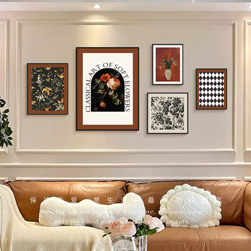 法式中古风客厅装饰画小众艺术组合壁画美式复古沙发背景墙挂画