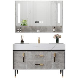 现代简约智能岩板一体洗手盆浴室柜组合落地式实木卫生间无缝台盆