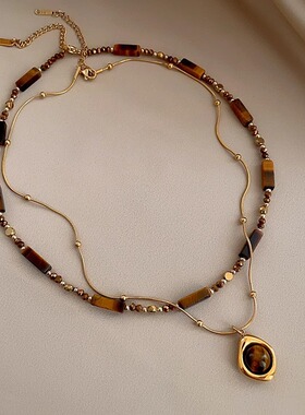 气质双层叠戴秋冬美拉德串珠虎眼石款吊坠项链复古气质网红毛衣链