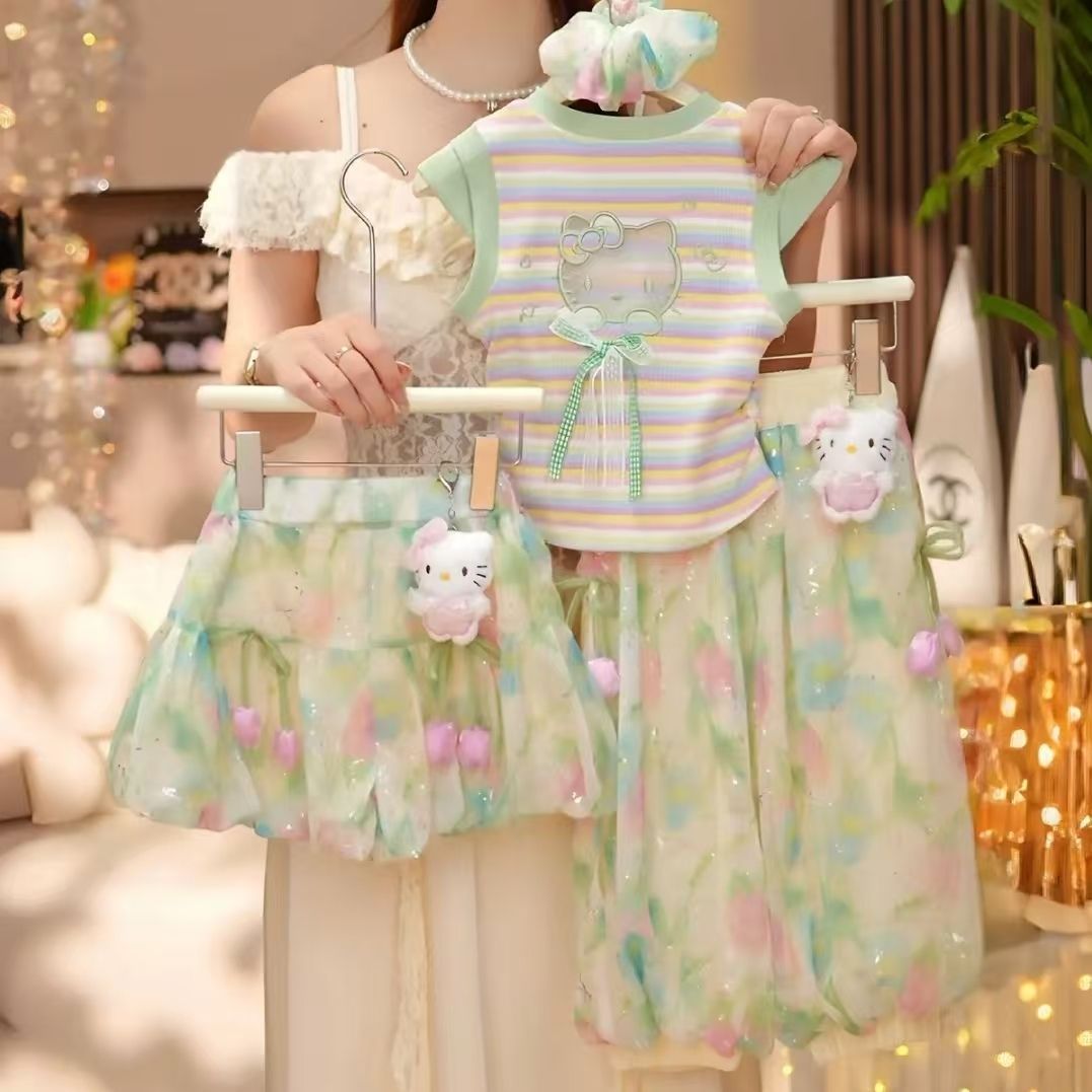 女童2026夏季洋气卡通短袖上衣裤子花苞灯笼裤套装儿童清凉两件套