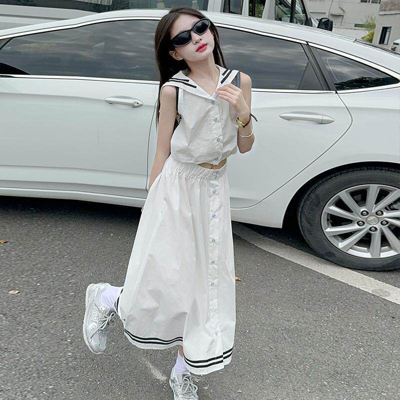 女童夏装学院风套装儿童洋气韩版JK服无袖上衣时髦半身裙两件套