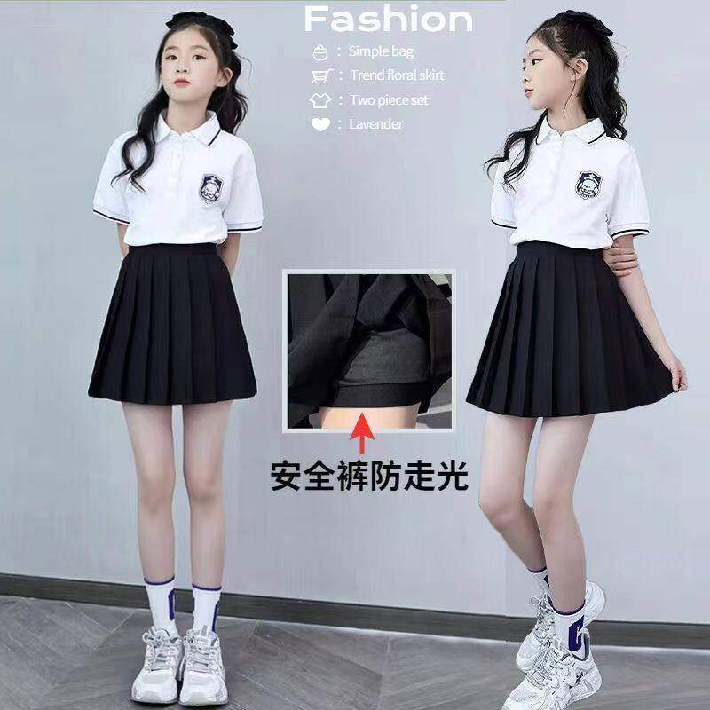 女童套装夏季百褶裙jk校服中长款大童黑色公主儿童两件套短松紧腰