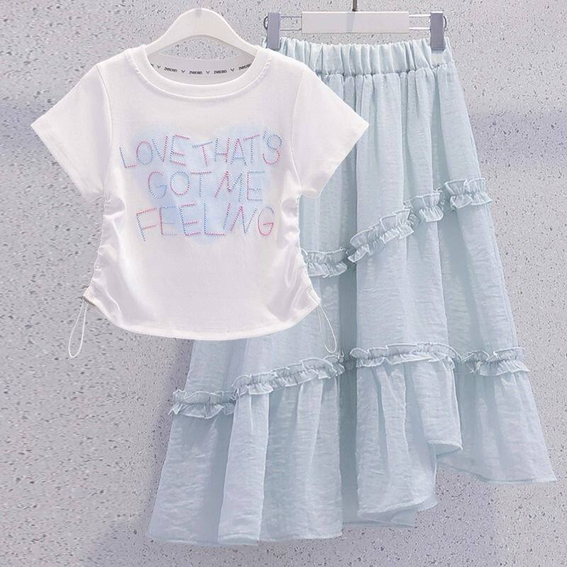女童套装夏季薄款中大童女孩网红炸街短袖T恤夏装牛仔短裤两件套