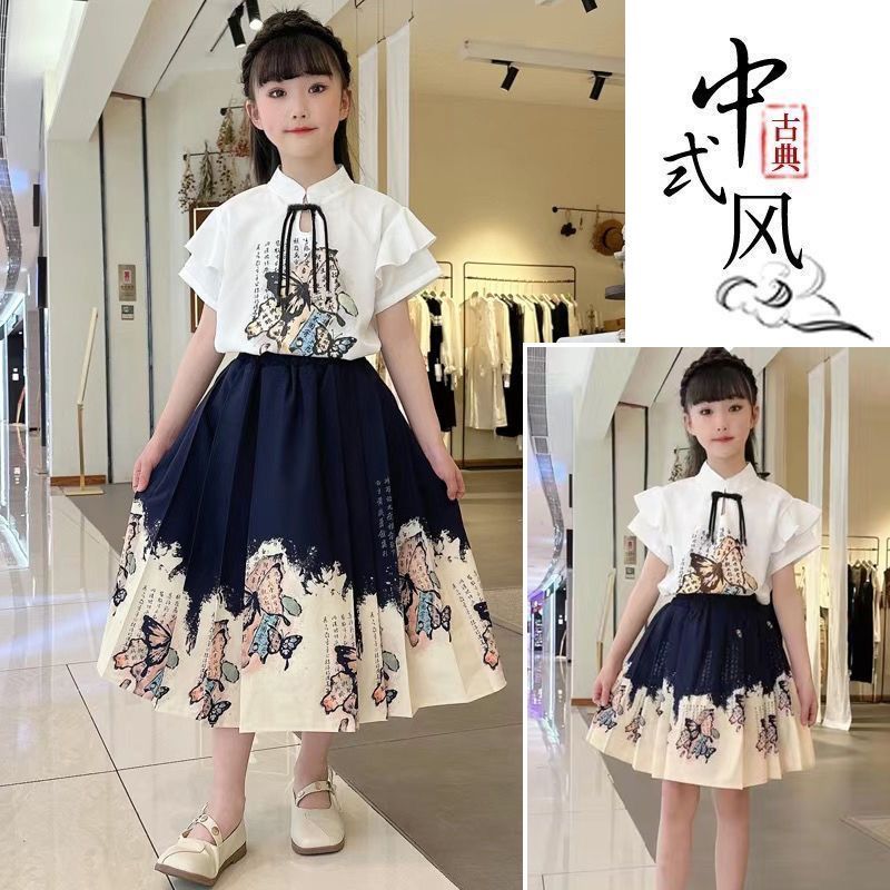 2025夏季女童套装马面新款中大童国风唐装中式短袖汉服儿童两件套