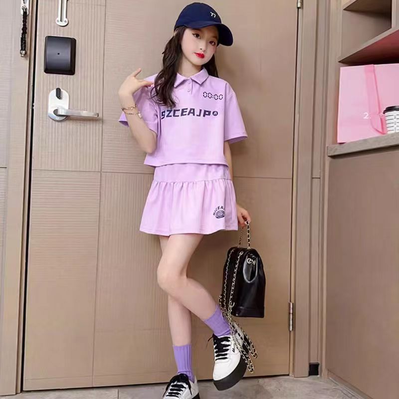 女童夏季套装2024新款中大童洋气小女孩网红学院短袖短裙两件套潮
