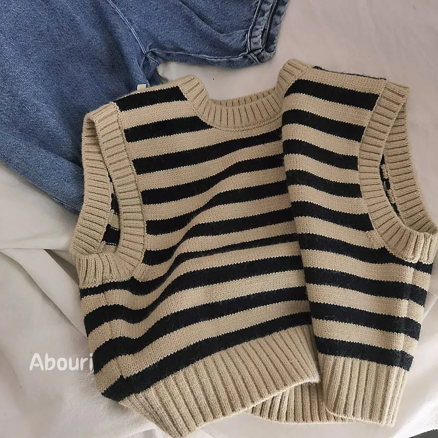文艺森系韩版男女童条纹针织马甲儿童圆领套头背心毛衣 2025秋季