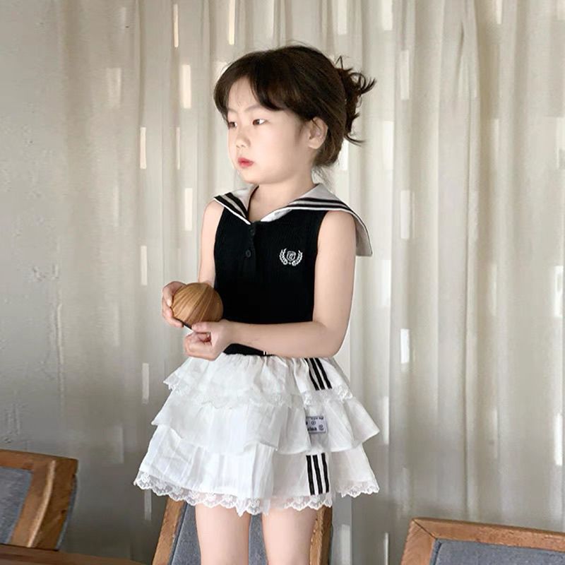 女童夏款套装2025夏季新款洋气海军领上衣宝宝洋气蛋糕裙两件套潮