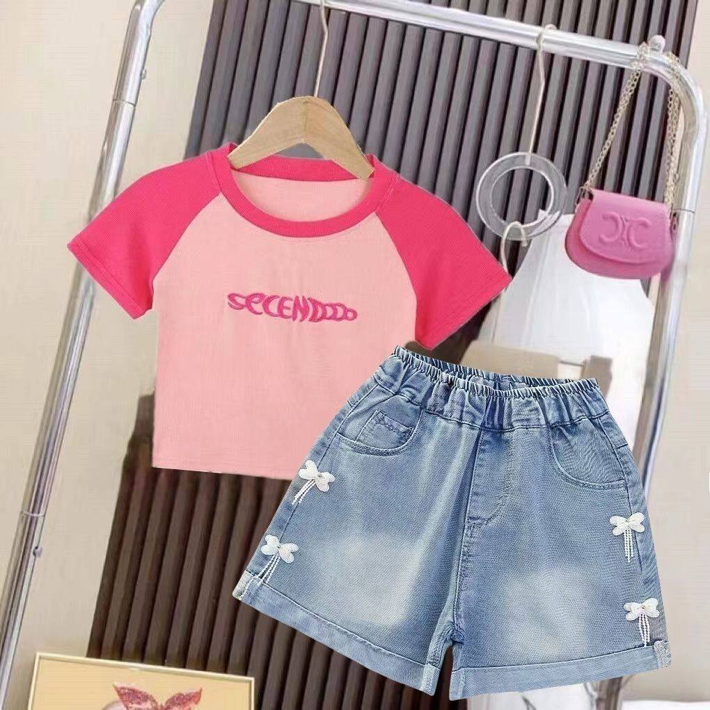 女童夏装套装2025新款中大童短袖上衣薄款夏季牛仔短裤儿童两件套