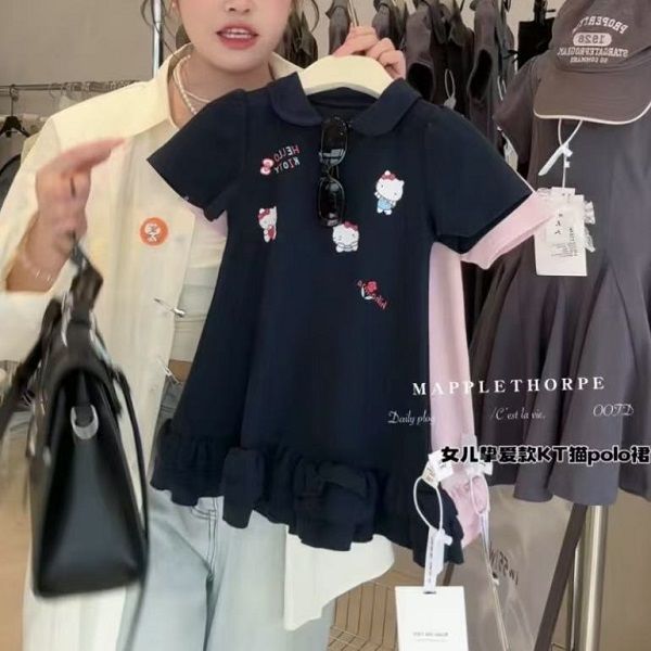 夏季女童韩版洋气卡通刺绣连衣裙中大童宝宝学院风娃娃领POLO裙子