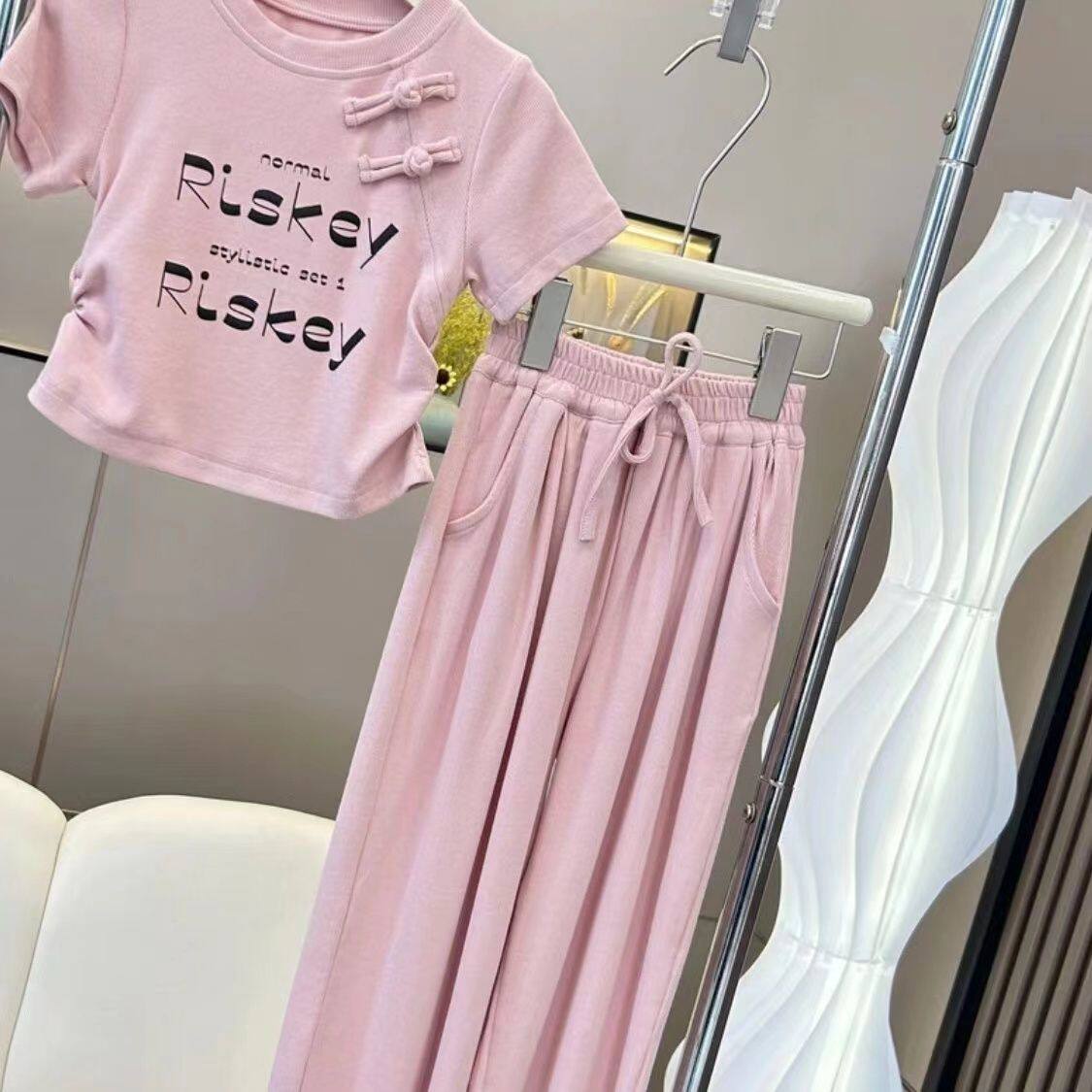 女童新中式短袖套装夏季洋气韩版儿童时髦阔腿裤两件套女宝宝夏装
