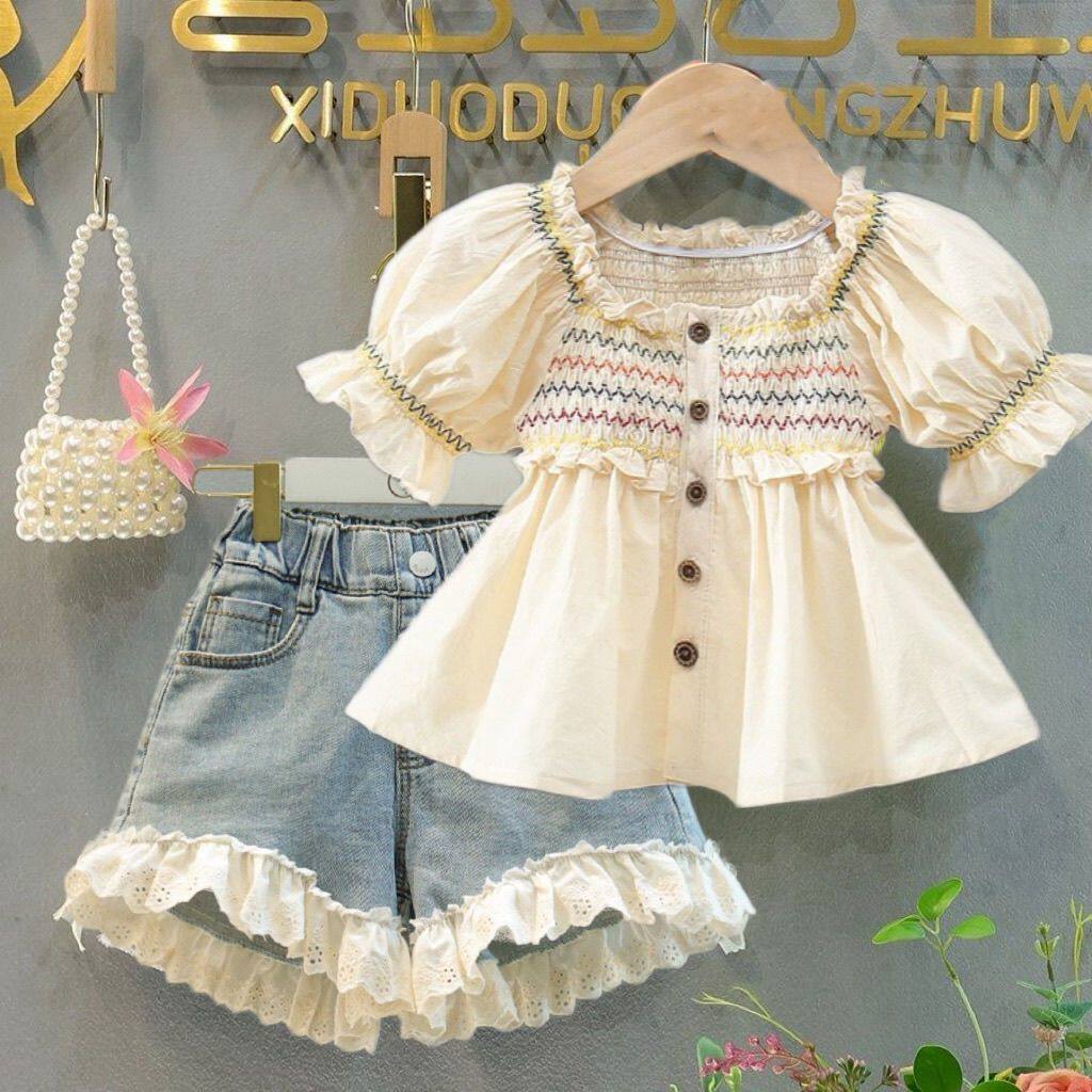 女童夏装套装2025新款洋气儿童花边领花苞袖衬衫牛仔短裤两件套潮