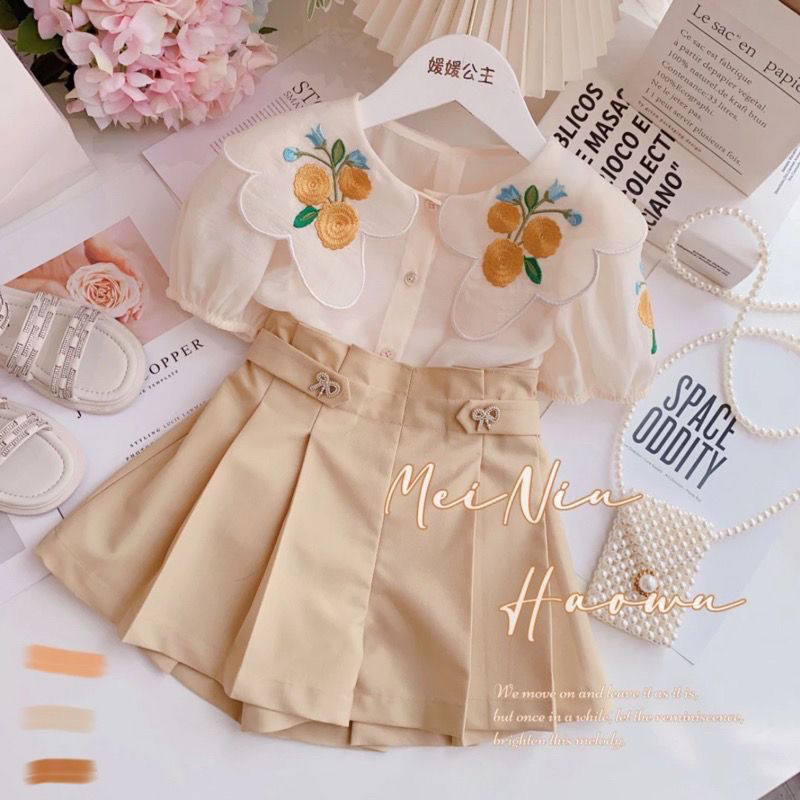 女童夏装套装2025新款洋气儿童学院风jk百褶裙短袖上衣两件套夏季