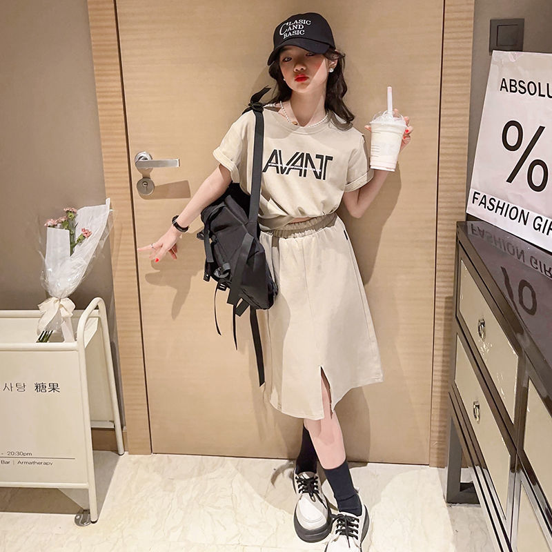 夏装简约字母上衣裙子儿童两件套洋气中大童时尚百搭休闲女童套装
