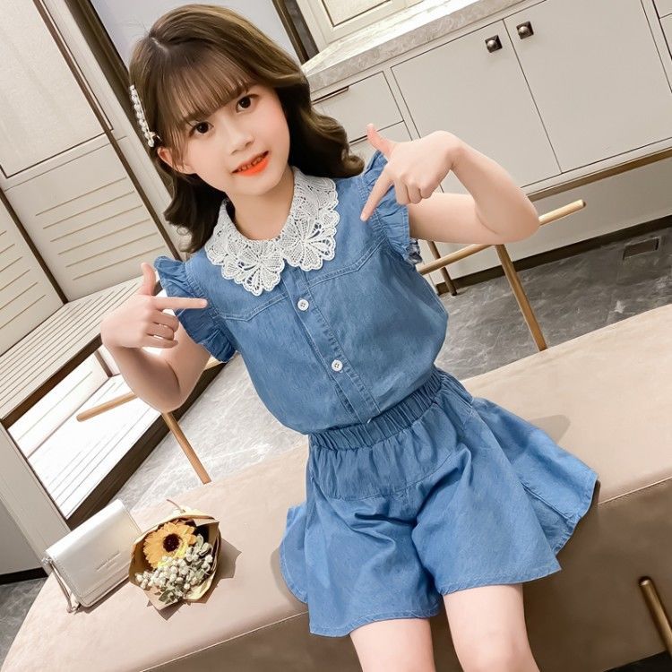 女童牛仔套装夏装2025儿童夏季中大童无袖上衣花边短袖短裤两件套
