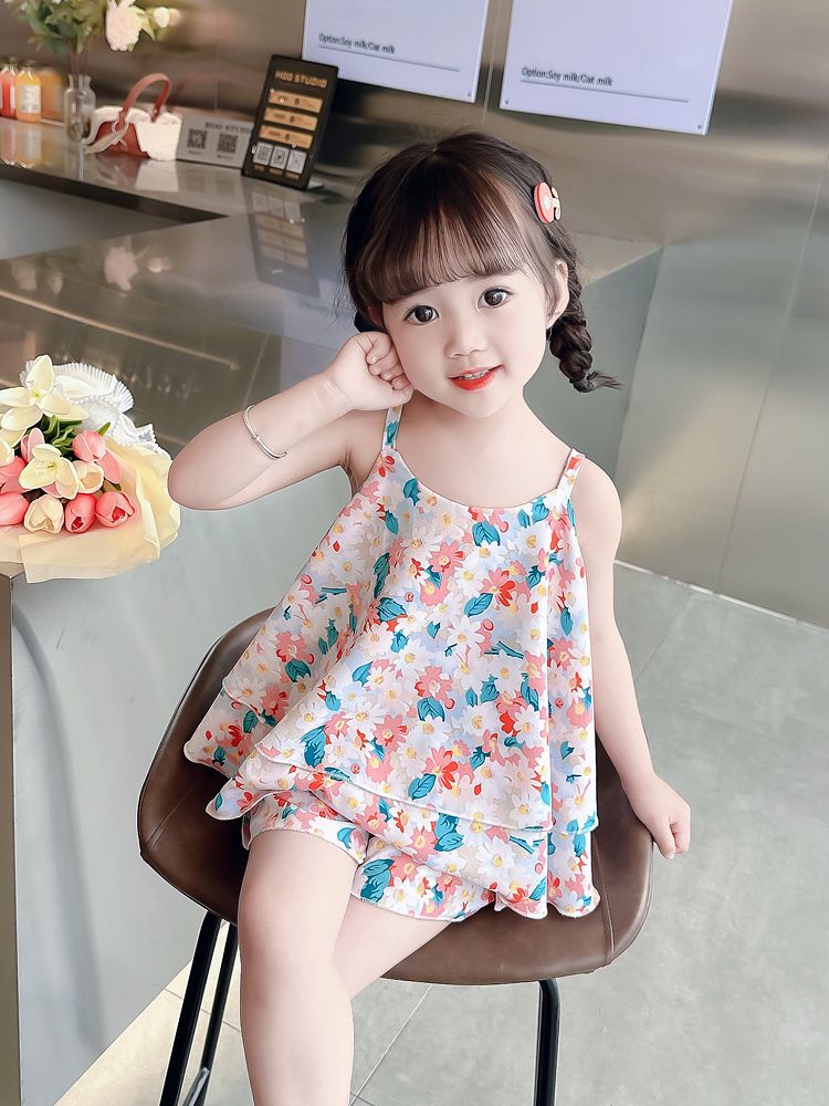 女童套装夏款新款儿童韩版时髦洋气夏季雪纺吊带碎花背心两件套