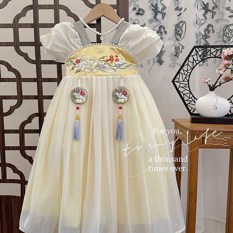 夏季新款短袖女童汉服绣花连衣裙儿童绣花超仙襦裙国风唐装演出