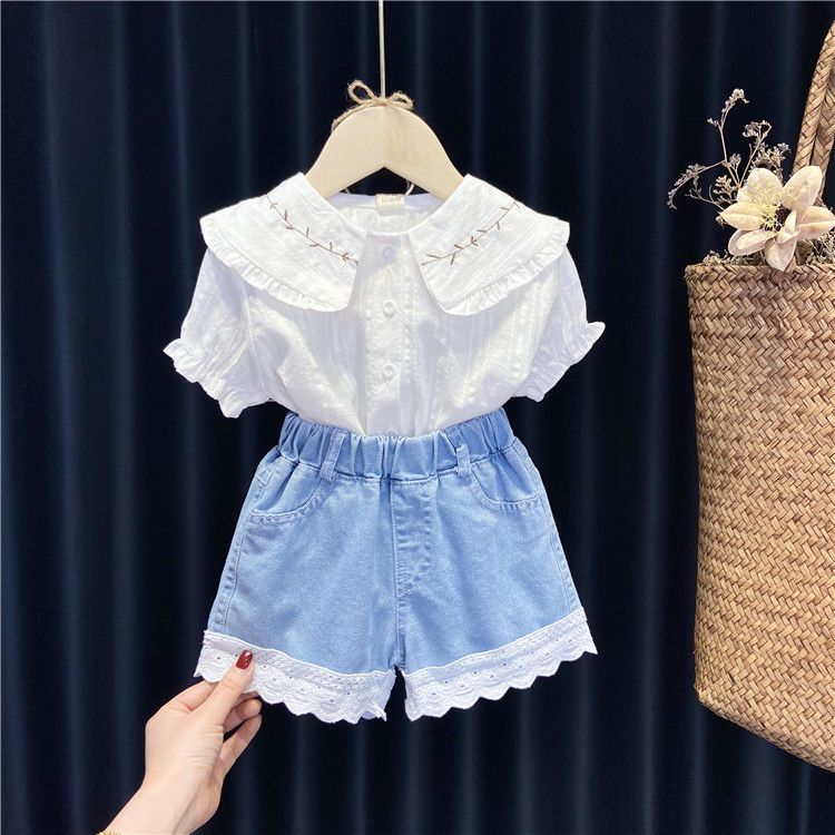 女童夏装套装两件套小童韩版洋气白色半袖衬衫牛仔裙百褶裙两件套