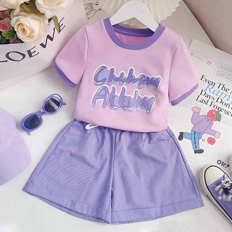 女童套装2026新款夏季儿童时髦字母短袖T恤短裤中大童两件套潮