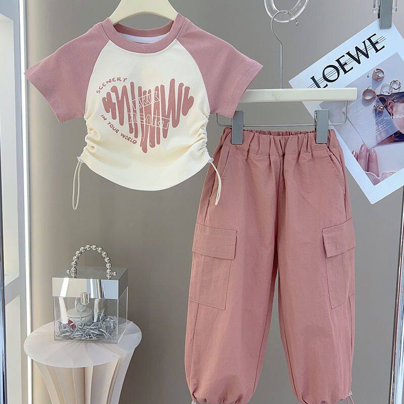 女童套装2026新款夏季儿童洋气时髦短袖T恤工装裤中大童两件套潮