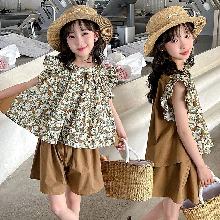 女童夏装套装2025新款韩版小女孩时髦短袖上衣中大童休闲裤两件套