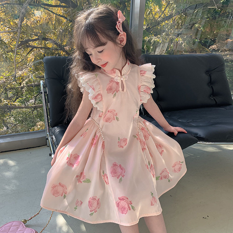 女童连衣裙夏季宝宝时尚复古裙子夏装2025新款儿童洋气飞袖旗袍裙