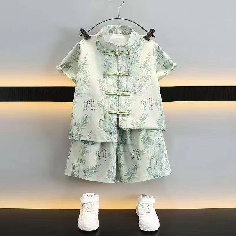 童装中式风男童汉服套装夏季新中式盘扣竹叶印花宝宝国风两件套