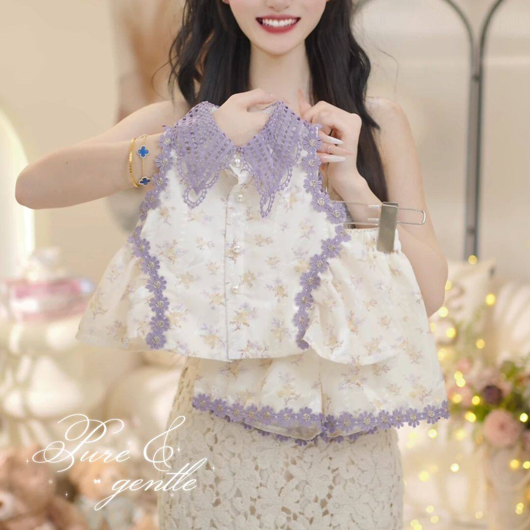 女童2026夏季新款套装洋气紫藤碎花立体蕾丝花边领开衫短裤两件套
