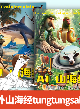 AI山海经tungtungsahur通通通木棍人国外抽象鲨鱼涂鸦填色绘画本