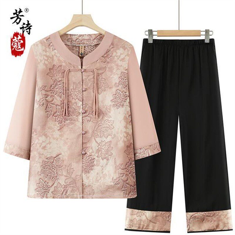 奶奶夏季新中式衣服套装洋气老年人女妈妈夏装国风衬衫两件套宽松