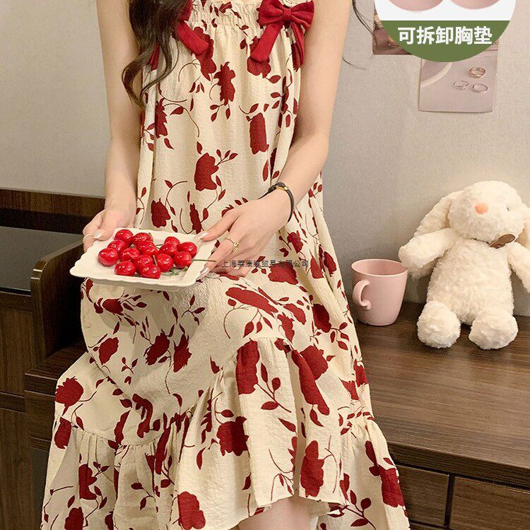 花朵甜美网红风带胸垫吊带睡裙女款夏季梭织棉2025新款夏天睡衣裙