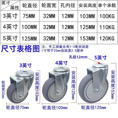 孔顶3寸4寸5寸轮拖带车购物车橡胶工静音轮业设餐备脚轮12842刹子