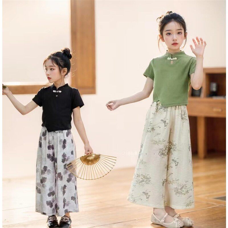夏季2025女童新中式国风套装复古洋气新款盘扣短袖阔腿长裤两件套