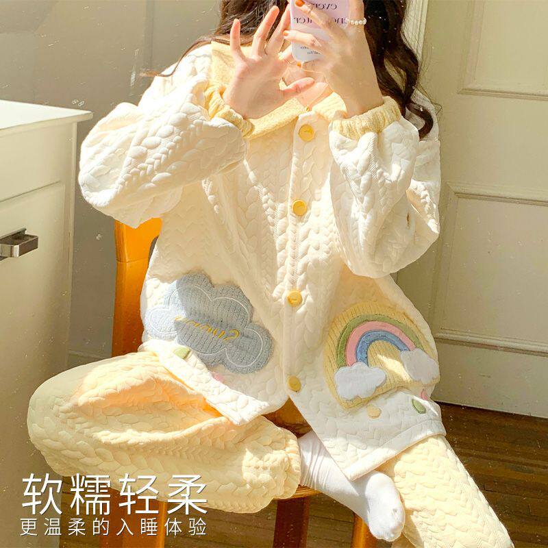 秋冬提花空气棉月子服哺乳喂奶夹层孕妇睡衣怀孕套装待产睡衣保暖