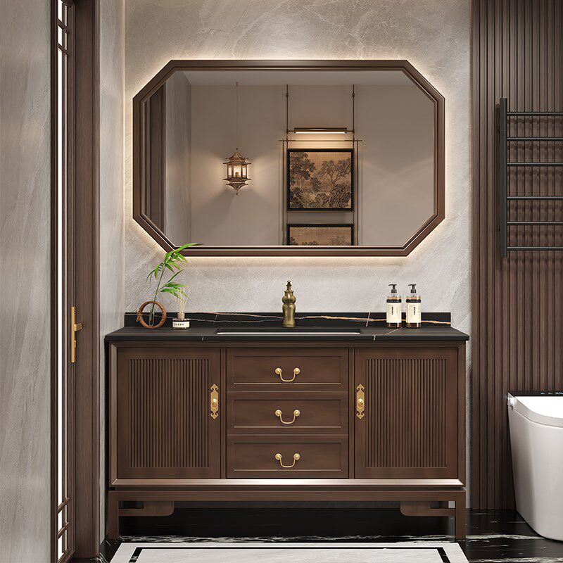 热销新中式浴室柜组合落地式岩板无缝陶瓷盆卫生间洗手池洗漱台定