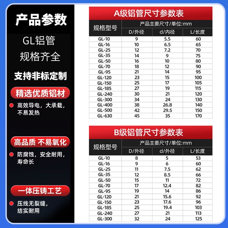 热销GL铝管16/25/35/50/70/95平方铝线压连接管中间接头对接直通