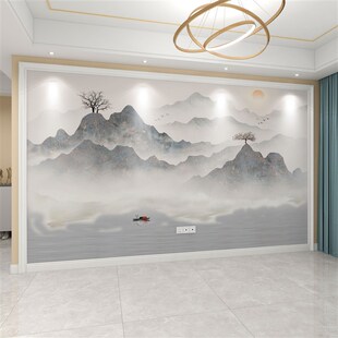 热销新款新中式电视背景墙壁纸山水墙纸客厅沙发影视墙布定制壁布